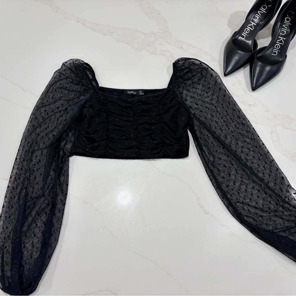 Booho Coachella Black Sheer Puff-Sleeve Crop Top with Dotted Mesh